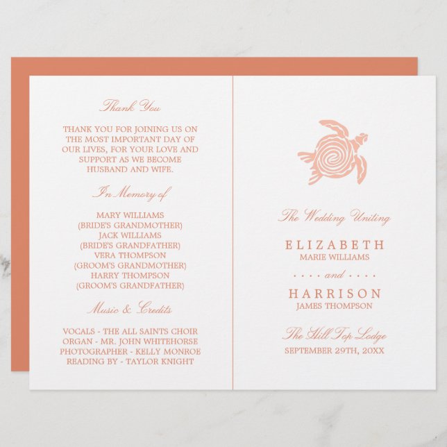 Ocean Sea Turtle, Soft Coral Wedding Programme (Front/Back)