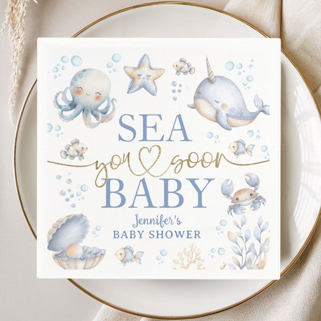 Ocean Sea You Soon Baby Shower Boy Blue Paper Napkin (Creator Uploaded)