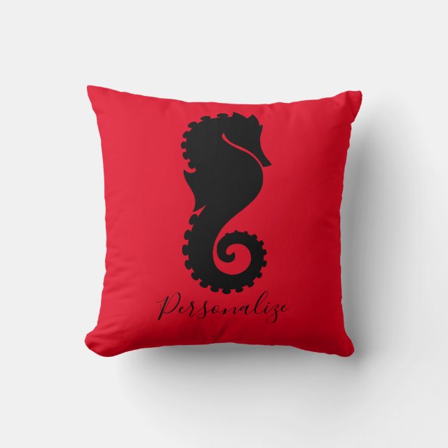 Ocean Seahorse Black Red Personalised Cushion (Front)