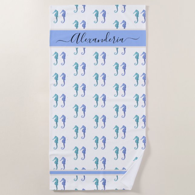Ocean Seahorse Tropical blue teal  Beach Towel (Front)