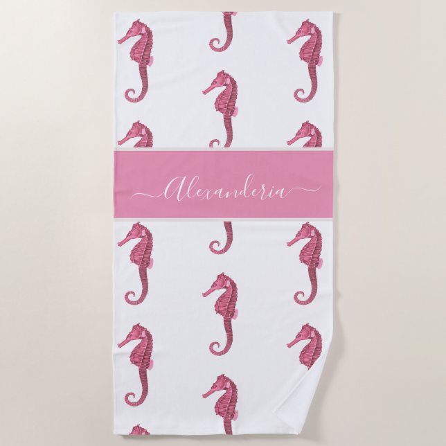 Ocean Seahorse Tropical preppy pink Beach Towel (Front)