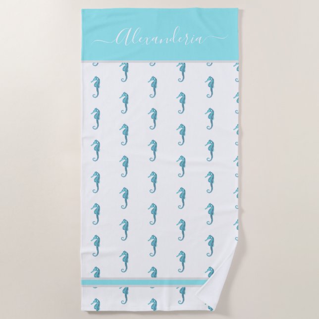 Ocean Seahorse Tropical Teal Blue Beach Towel (Front)