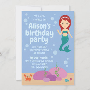 Ocean sealife creatures, mermaid and crab summer invitation
