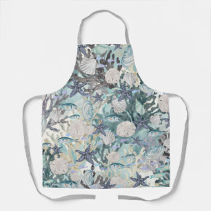 Ocean Sealife Starfish Coral Light Teal Grey Beige Apron