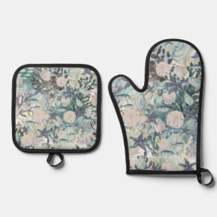 Ocean Sealife Starfish Coral Light Teal Grey Beige Oven Mitt & Pot Holder Set