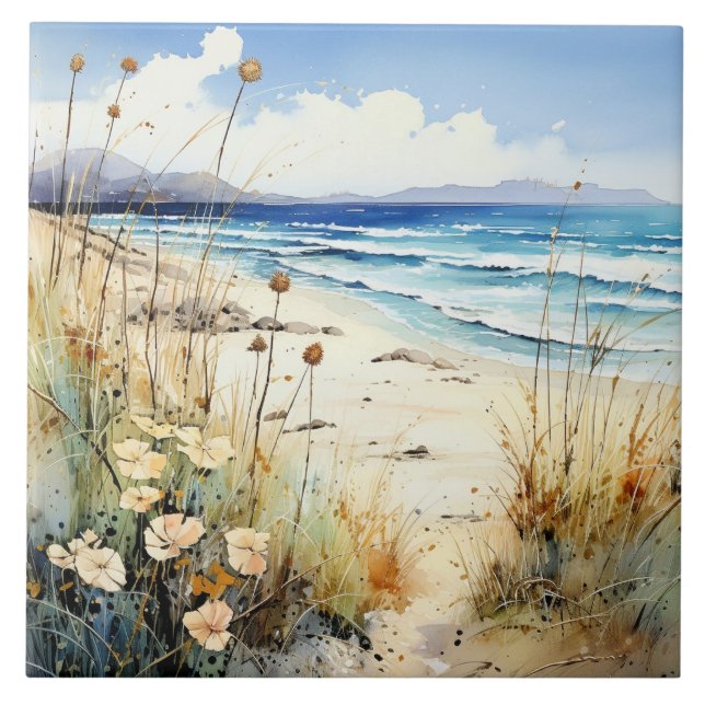 Ocean Seascape watercolor Ceramic Tile (Front)