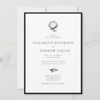 Ocean Seashell Modern Minimal Black White Wedding Invitation