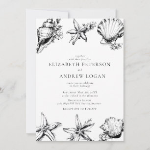 Ocean Seashell Modern Minimal Black White Wedding  Invitation