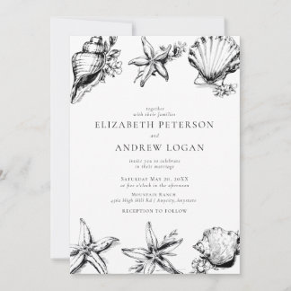 Ocean Seashell Modern Minimal Black White Wedding  Invitation