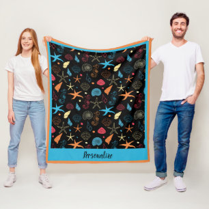 Ocean Seashell Starfish & Seahorse Beach Pattern Fleece Blanket