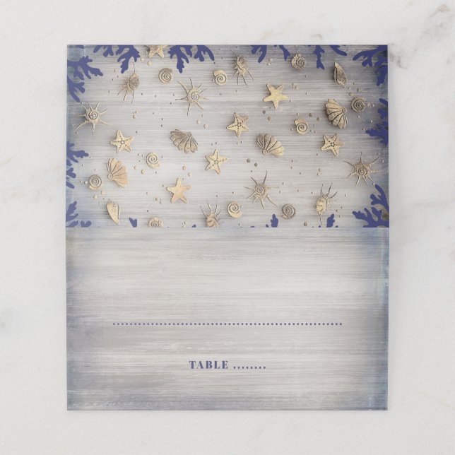 Ocean Seashells Gold and Navy Nautical Place Card (Outside Unfolded)