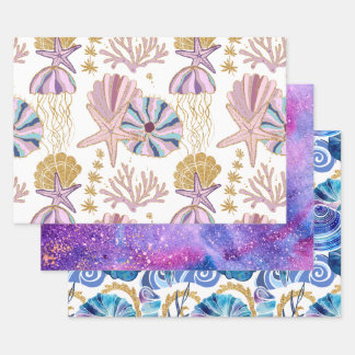 Ocean Seashells Starfish Blue Purple Gold Pink Wrapping Paper Sheet
