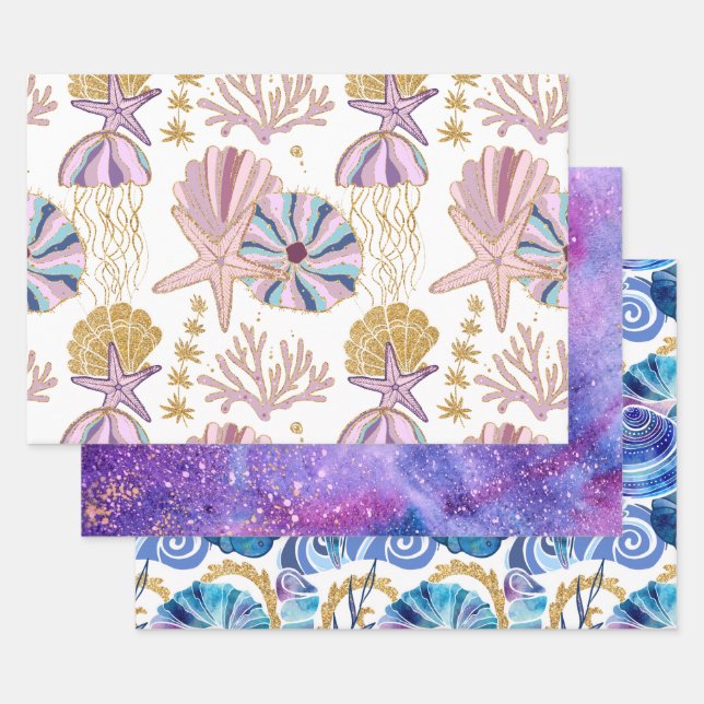Ocean Seashells Starfish Blue Purple Gold Pink Wrapping Paper Sheet (Set)