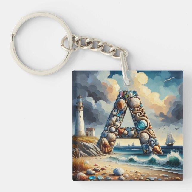 Ocean Seashore Lighthouse Sailboat Monogram A Key Ring (Front)