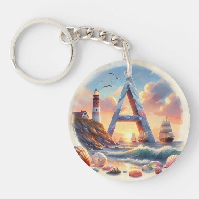 Ocean Seashore Lighthouse Sailboat Monogram A Key Ring (Front)