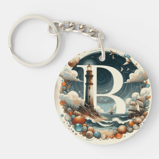 Ocean Seashore Lighthouse Sailboat Monogram B Key Ring (Front)