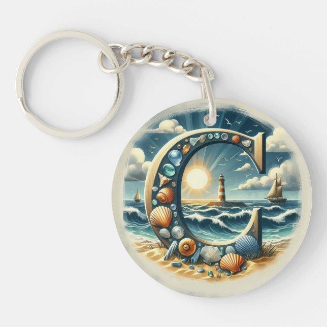 Ocean Seashore Lighthouse Sailboat Monogram C Key Ring (Front)