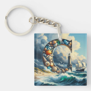 Ocean Seashore Lighthouse Sailboat Monogram C Key Ring