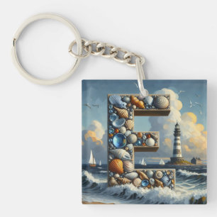 Ocean Seashore Lighthouse Sailboat Monogram E Key Ring