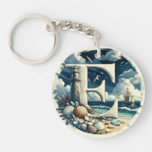 Ocean Seashore Lighthouse Sailboat Monogram E Key Ring