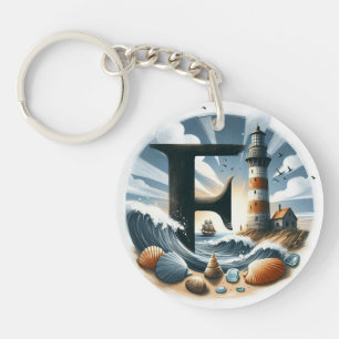 Ocean Seashore Lighthouse Sailboat Monogram F Key Ring