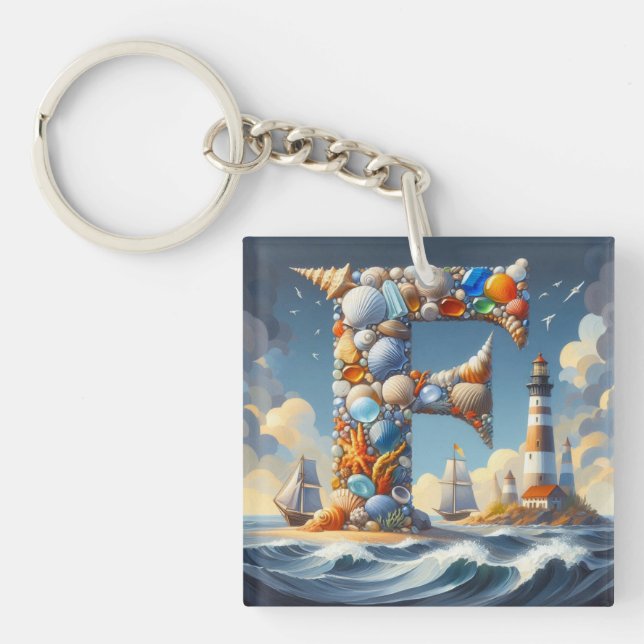 Ocean Seashore Lighthouse Sailboat Monogram F Key Ring (Front)