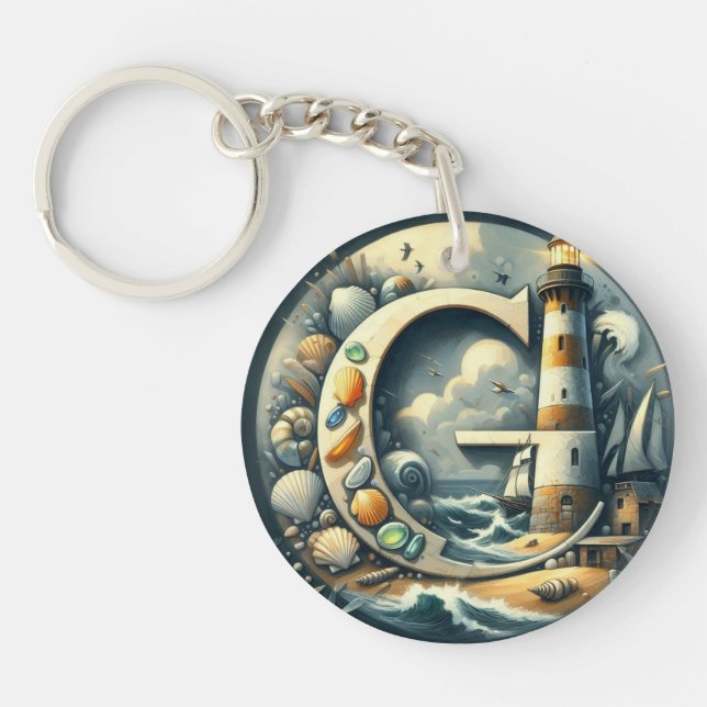 Ocean Seashore Lighthouse Sailboat Monogram G Key Ring (Front)