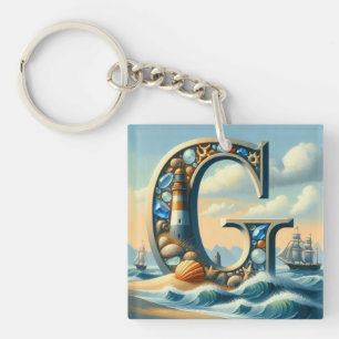 Ocean Seashore Lighthouse Sailboat Monogram G Key Ring