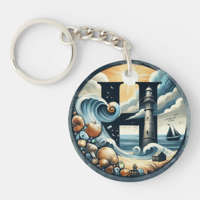 Ocean Seashore Lighthouse Sailboat Monogram H Key Ring (Front)