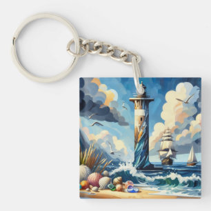 Ocean Seashore Lighthouse Sailboat Monogram I Key Ring