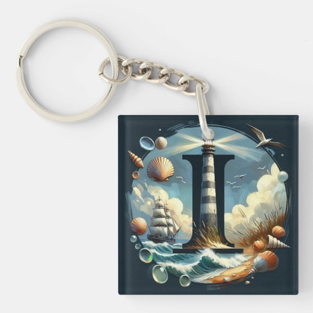 Ocean Seashore Lighthouse Sailboat Monogram I Key Ring (Front)