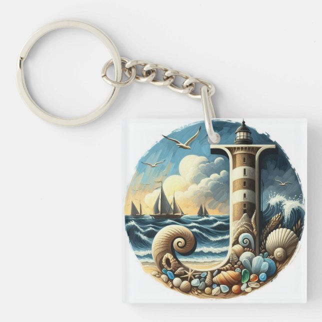 Ocean Seashore Lighthouse Sailboat Monogram J Key Ring (Front)