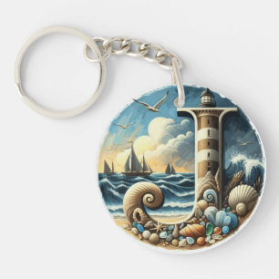 Ocean Seashore Lighthouse Sailboat Monogram J Key Ring