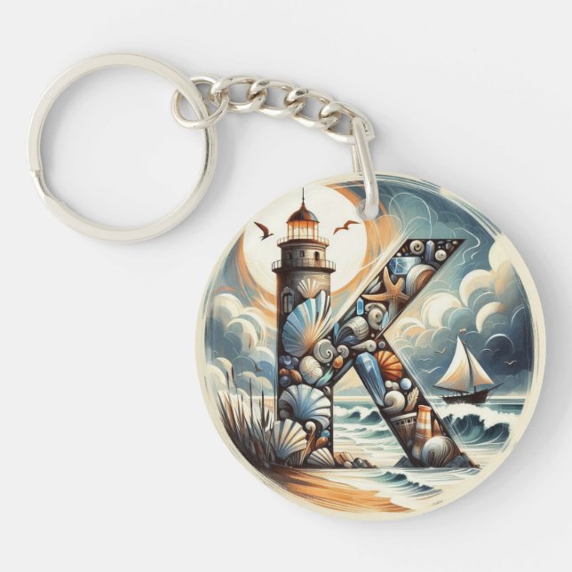 Ocean Seashore Lighthouse Sailboat Monogram K Key Ring (Front)