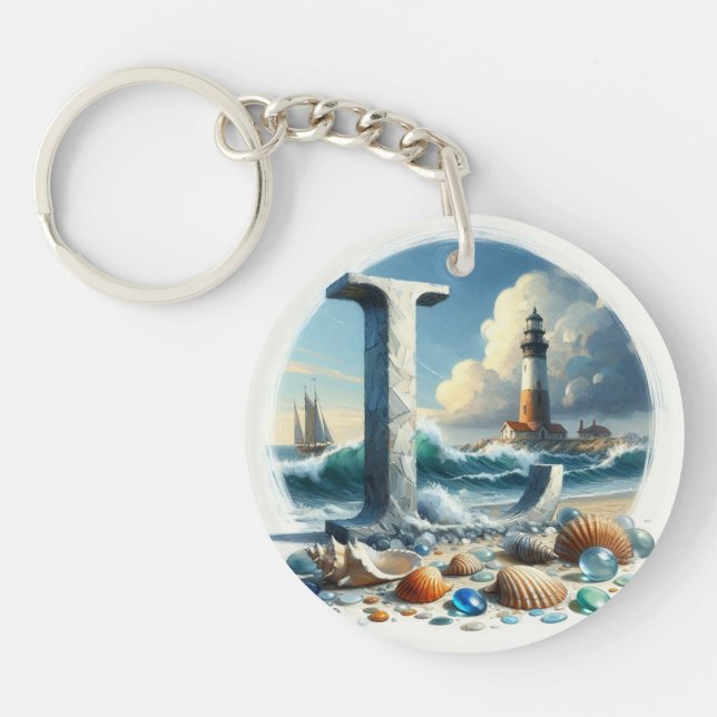 Ocean Seashore Lighthouse Sailboat Monogram L Key Ring (Front)