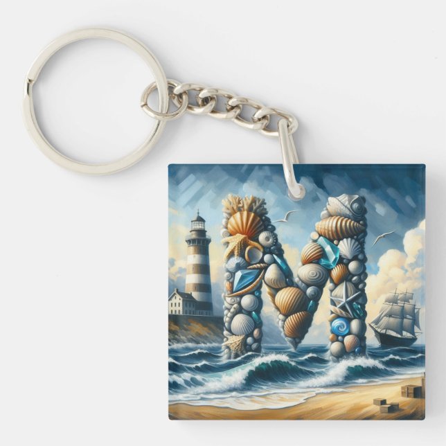 Ocean Seashore Lighthouse Sailboat Monogram M Key Ring (Front)