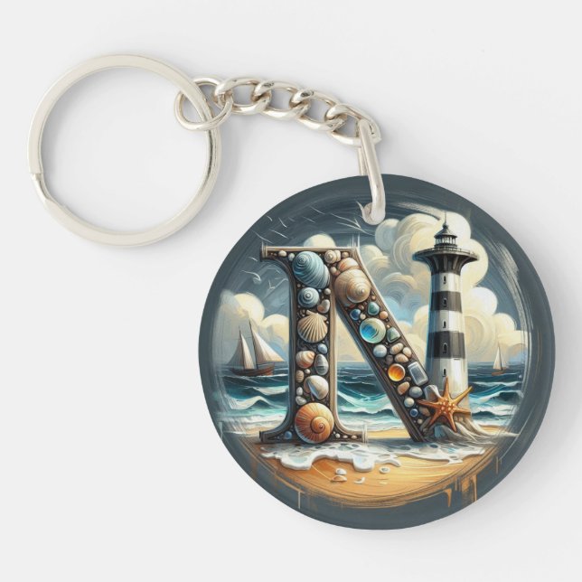 Ocean Seashore Lighthouse Sailboat Monogram N Key Ring (Front)