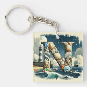 Ocean Seashore Lighthouse Sailboat Monogram N Key Ring