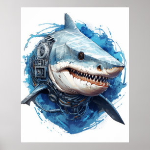Ocean Shark 2D Vector Illustration Poster - Underw