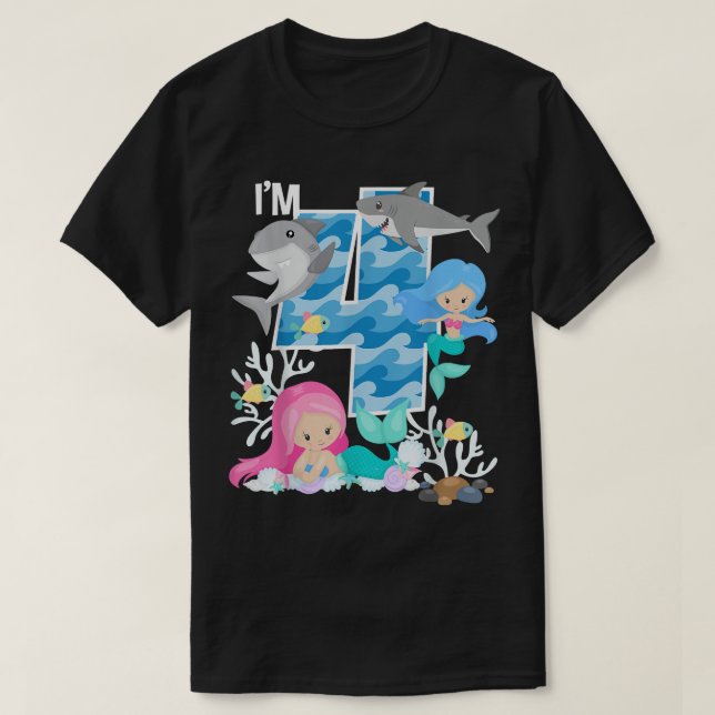 Ocean Sharks and Mermaids 4th Birthday 4 Year Old  T-Shirt (Design Front)