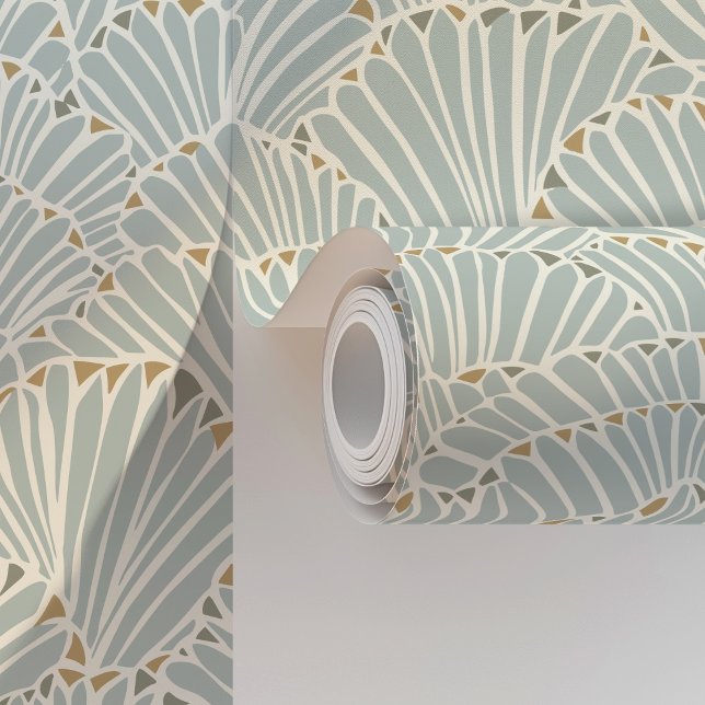 Ocean Shell Fan Art Deco in Soft Blue & Gold Wallpaper (Creator Uploaded)