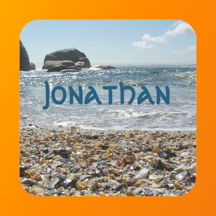Ocean Shells Photo Blue Name Text Square Sticker