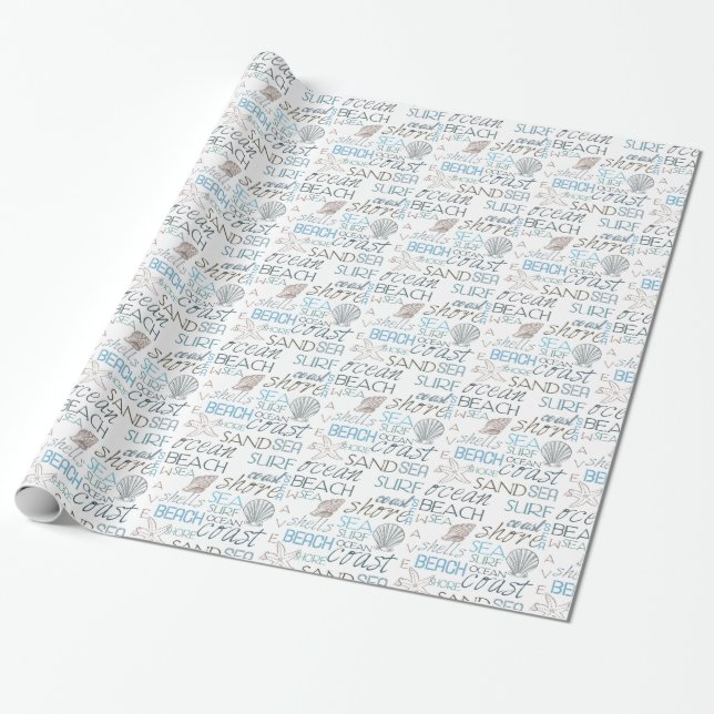 Ocean Shells Starfish Beach Typography Wrapping Paper (Unrolled)