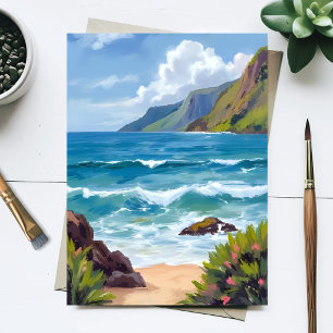 Ocean Shore Blue Waves Watercolor Painting Postcard