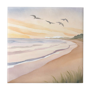 Ocean Shore   Bright Airy Watercolor Painting Ceramic Tile