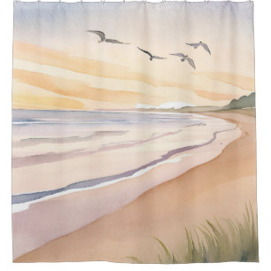 Ocean Shore Bright Airy Watercolor Painting Shower Curtain