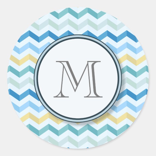 Ocean Shore Chevron Stripes with Round Monogram Classic Round Sticker (Front)