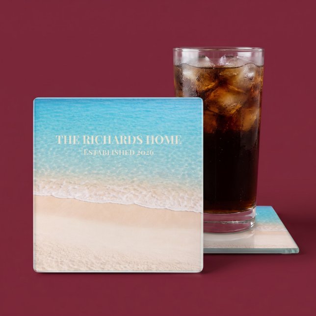 Ocean Shoreline Custom Name Glass Coaster (Creator Uploaded)