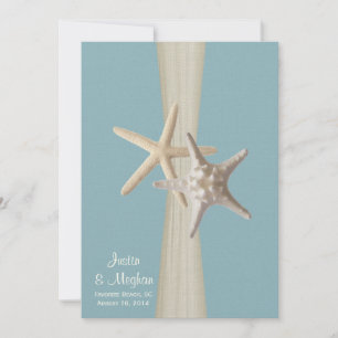 Ocean Sky Blue Burlap and Starfish Beach Wedding Invitation