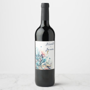 Ocean Splash Sea Coral Watercolor Beach Wedding Wine Label